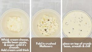 Process shots, photo one whisk ingredients, photo two fold in maltesers, photo three place on crumb base.