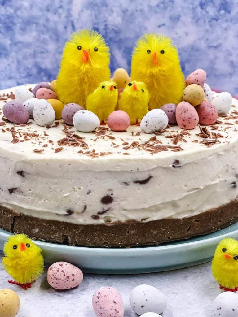 Delicious cheesecake with mini eggs and toy chicks.