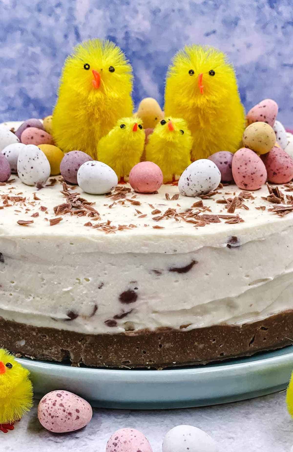No bake mini egg cheesecake with mini eggs and toy chicks.