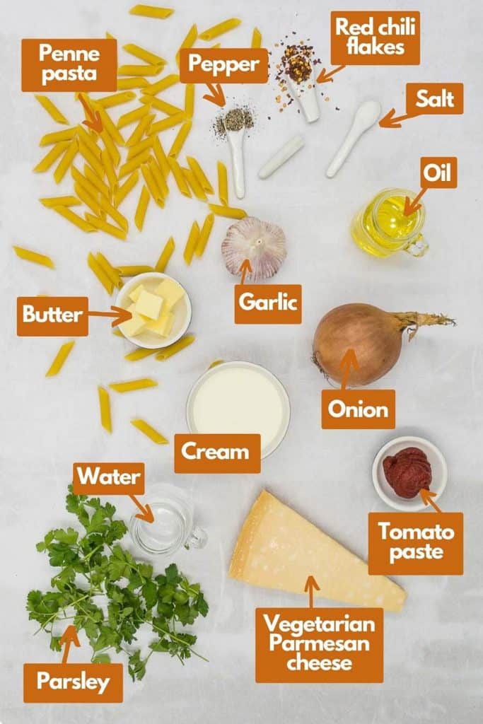 Ingredients needed penne pasta, black pepper, red chili flakes, kosher salt, olive oil, garlic, butter, heavy cream, onion, tomato paste, vegetarian Parmesan cheese, water, and parsley.