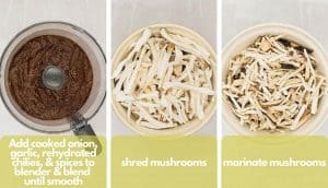 Process shots showing blending ingredients and shredding the mushrooms.