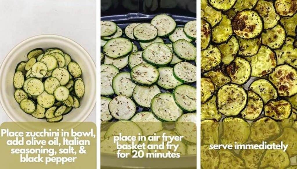Process shots, photo one place zucchini slices in bowl, add olive oil, Italian seasoning, salt, and black pepper; photo two, place zucchini slices in air fryer basket and fry for 20 minutes; photo three, serve immediately.