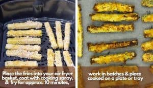 Process shots showing uncooked zucchini fries in the air fryer basket and cooked on a baking sheet.