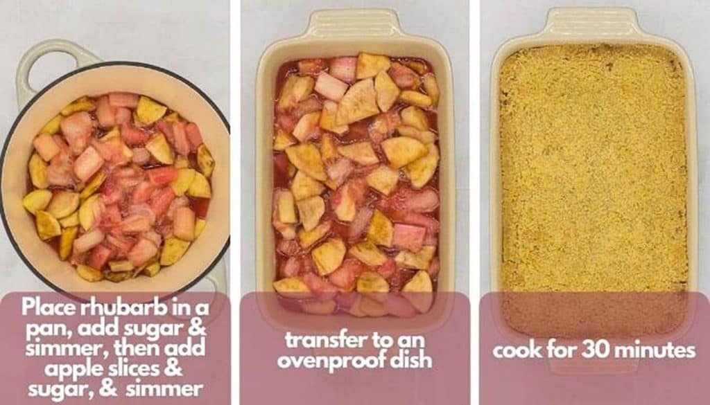 Process shots showing apple and rhubarb in a pan, then in an ovenproof dish, and then cooked.