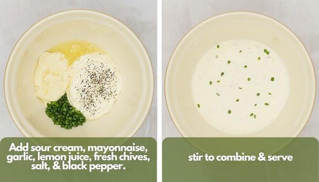 Process shots, add sour cream, mayonnaise, garlic, lemon juice, fresh chives, salt, and black pepper, then stir to combine and serve.