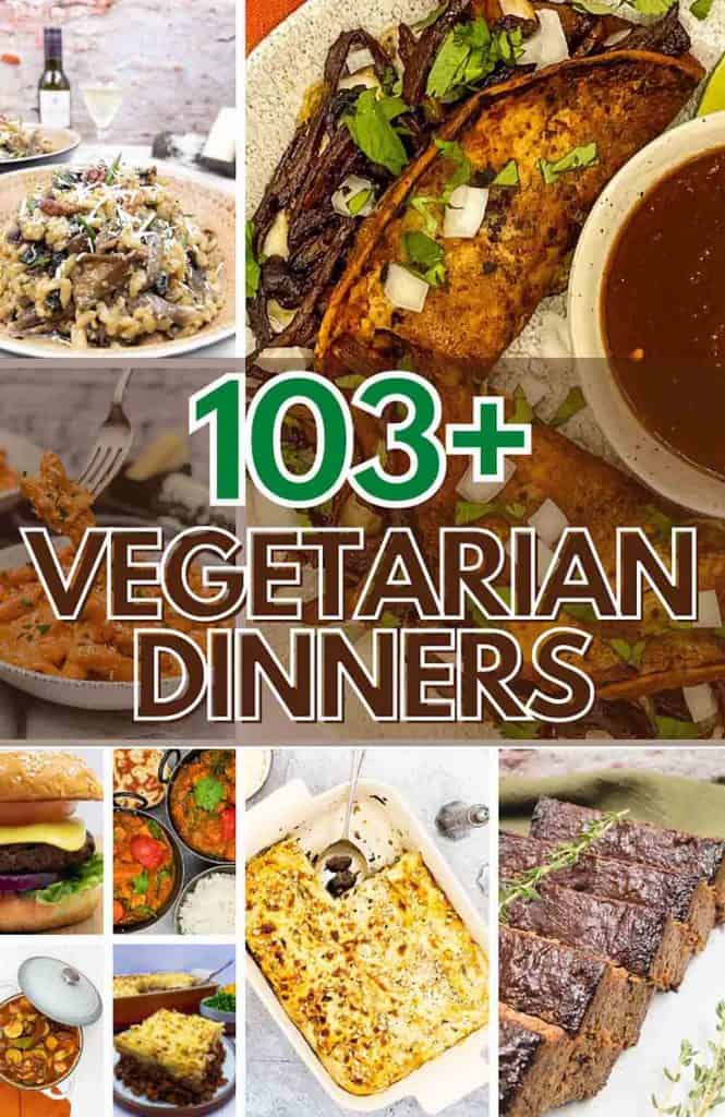 103+ Vegetarian dinners collage with photos of different foods.