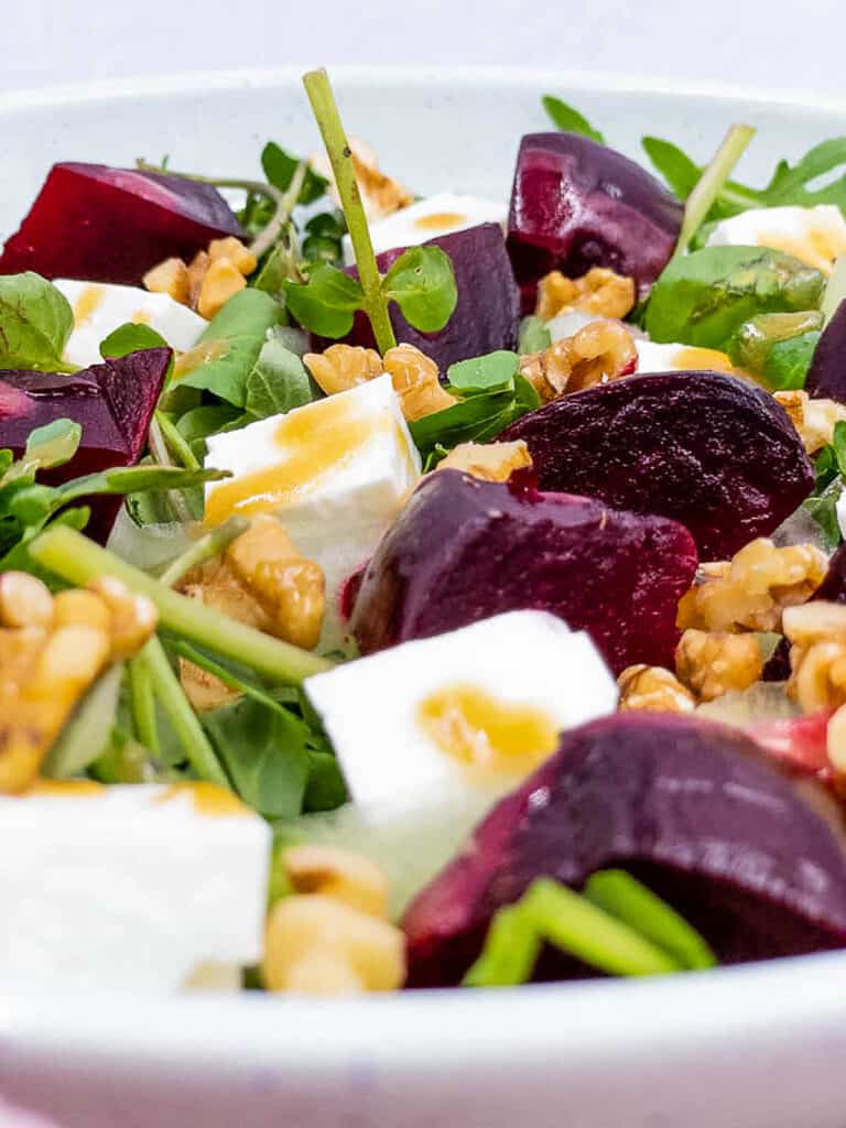 Delicious feta and beetroot salad in a bowl.