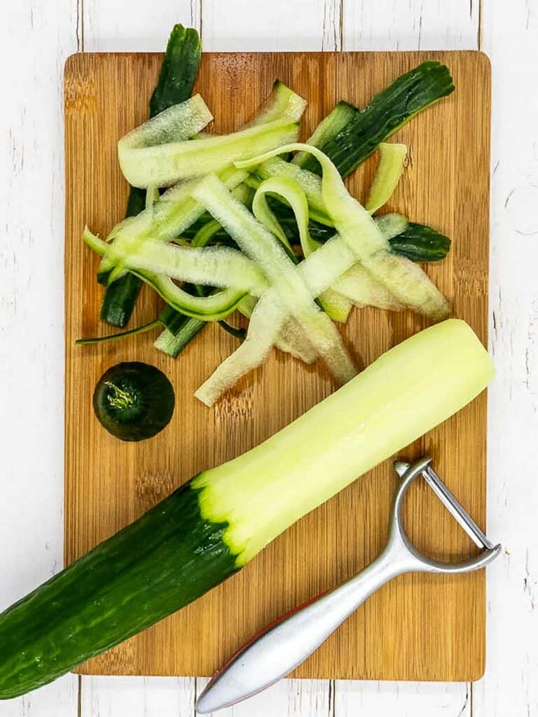 A cucumber cut into ribbons.
