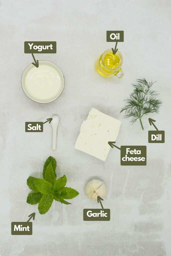 Ingredients needed, strained yoghurt, olive oil, fresh dill, feta cheese, salt, fresh garlic, and fresh mint.