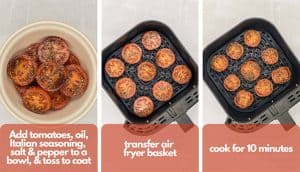Process shots showing ingredients in a bowl tossed, in air fryer basket, uncooked, and in basket cooked.