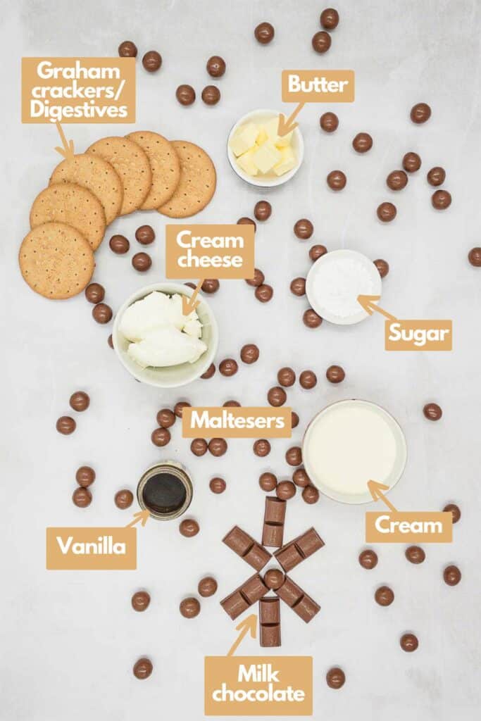 Ingredients needed, Graham crackers or digestive biscuits, butter, sugar, full fat cream cheese, Maltesers, double cream, milk chocolate, and vanilla paste.