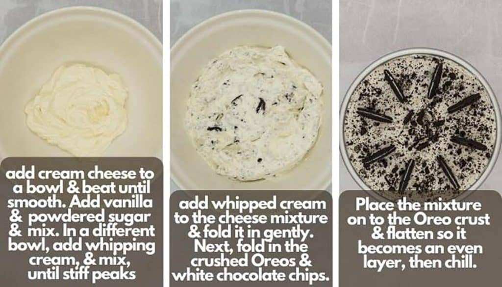 Process shots, adding the cream cheese and whipping cream to a bowl and showing them whipped, then showing it with the crushed Oreos and chocolate chips, then showing it placed in a springform pan.