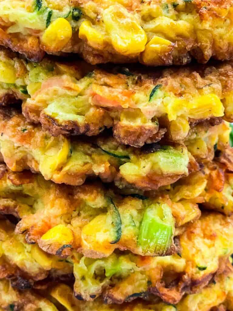 Crispy vegetable fritters all stacked up.