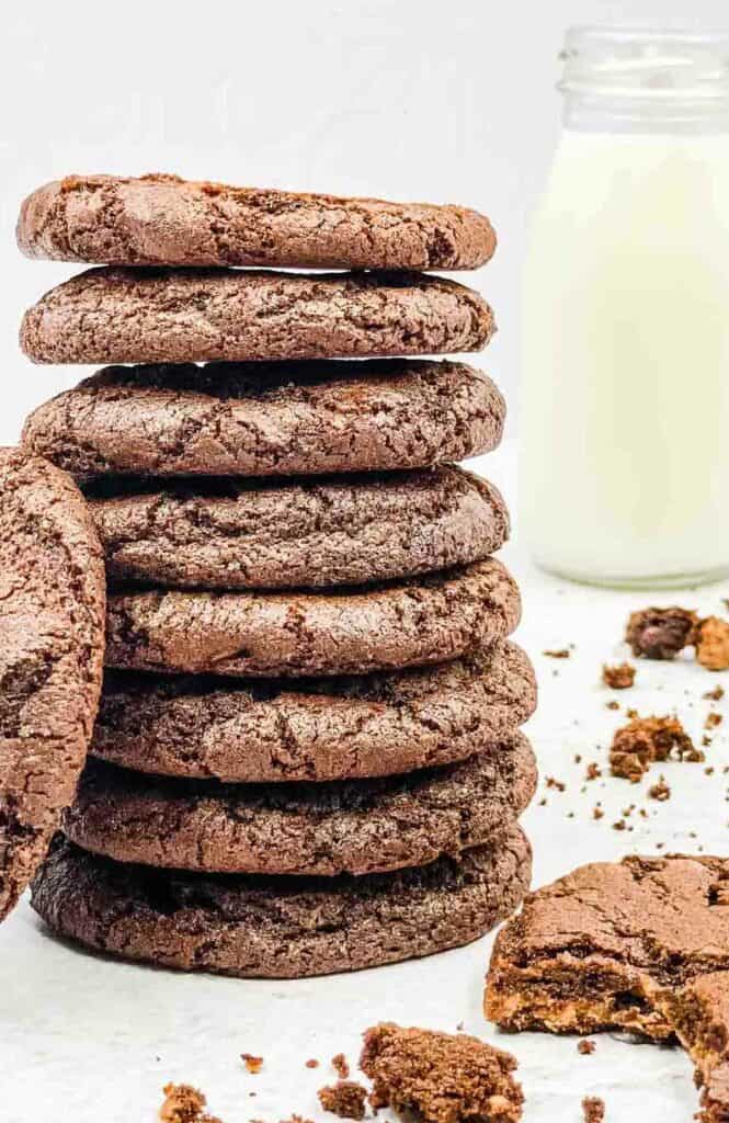 A stack of delicious double chocolate chip cookies.