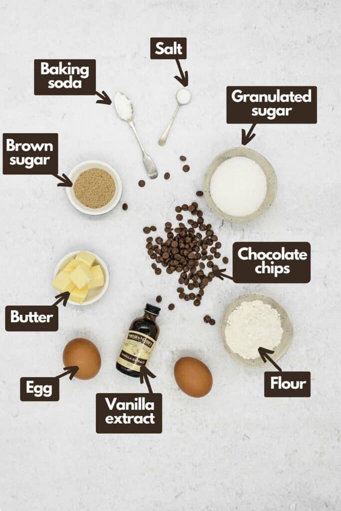 Ingredients needed brown sugar, baking soda, salt, granulated sugar, chocolate chips, flour, vanilla extract, eggs, and butter.