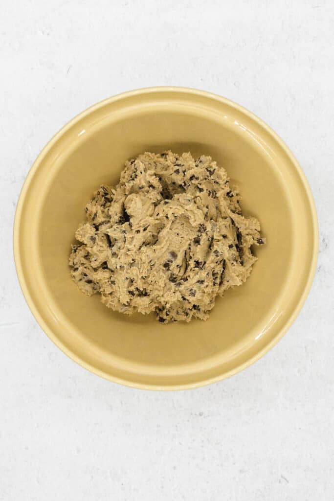 Cookie dough in a mixing bowl.
