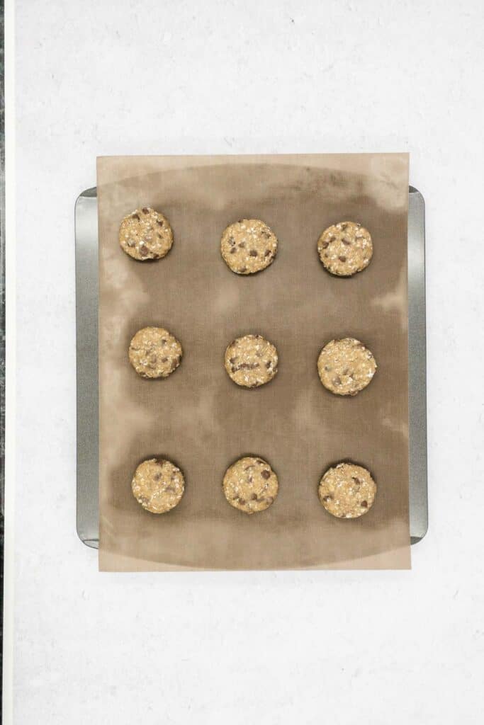 Cookie dough on a baking sheet.