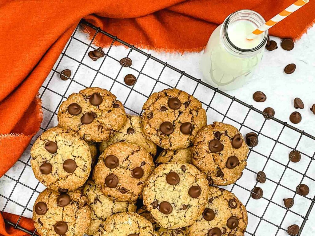 Oatmeal chocolate chip cookies and a pint of milk.