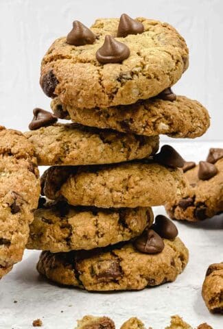 Oatmeal chocolate chip cookies in a stack.