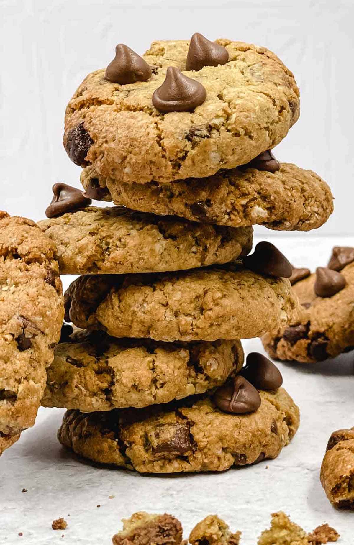 Oatmeal chocolate chip cookies in a stack.