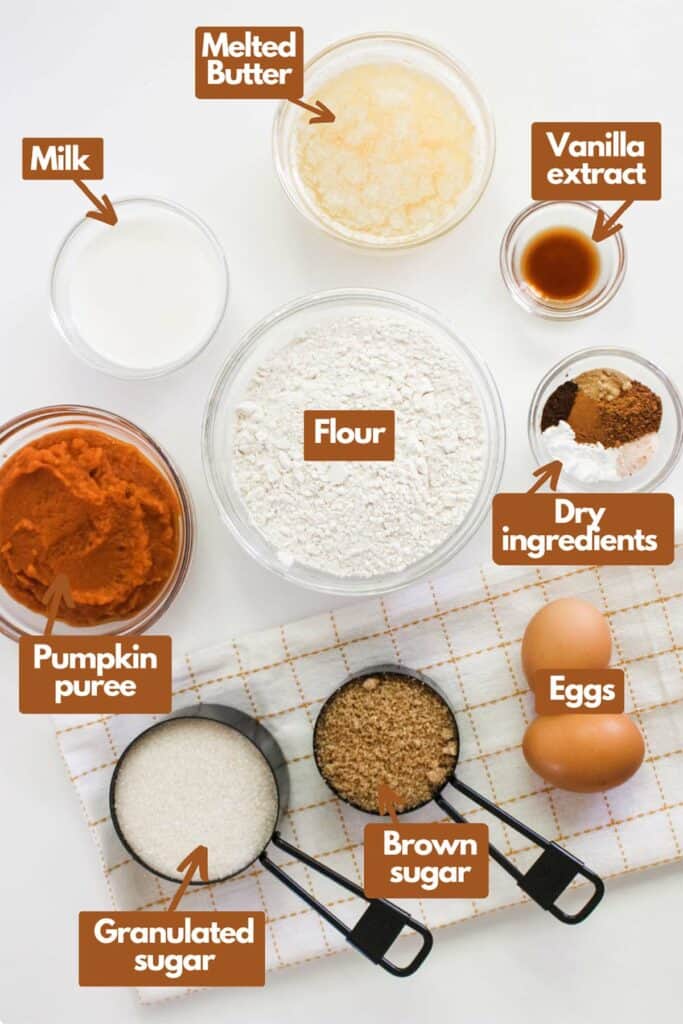 Ingredients needed; milk, melted butter, vanilla extract, baking powder, baking soda, and spices, flour, eggs, brown sugar, granulated sugar, and pumpkin puree.