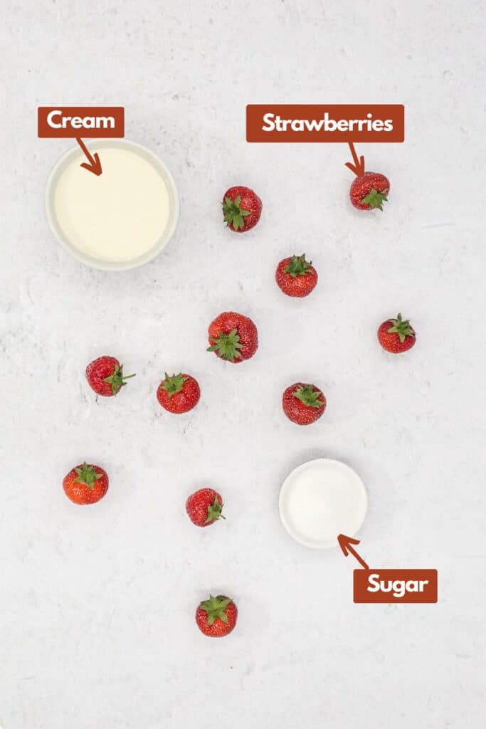 Ingredients needed, heavy whipping cream, strawberries, and sugar.