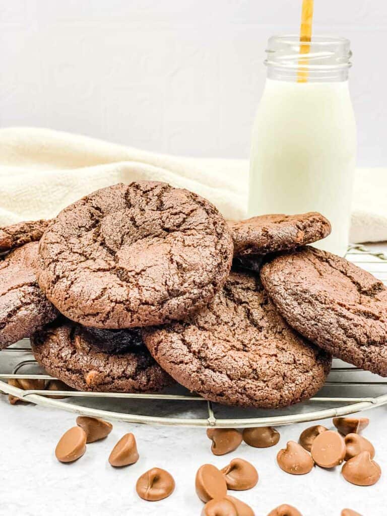 A plate of double chocolate chip cookies.