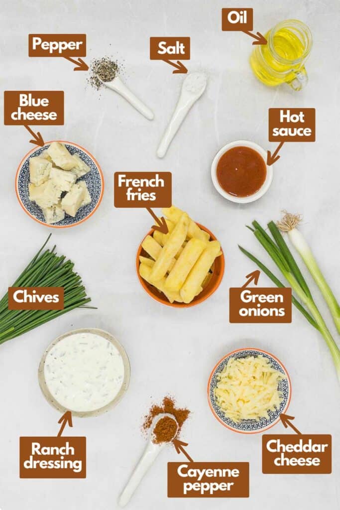 Ingredients needed, blue cheese, pepper, salt, olive oil, Franks hot sauce, french fries, green onions, chives, ranch dressing, cayenne pepper, and cheddar cheese.