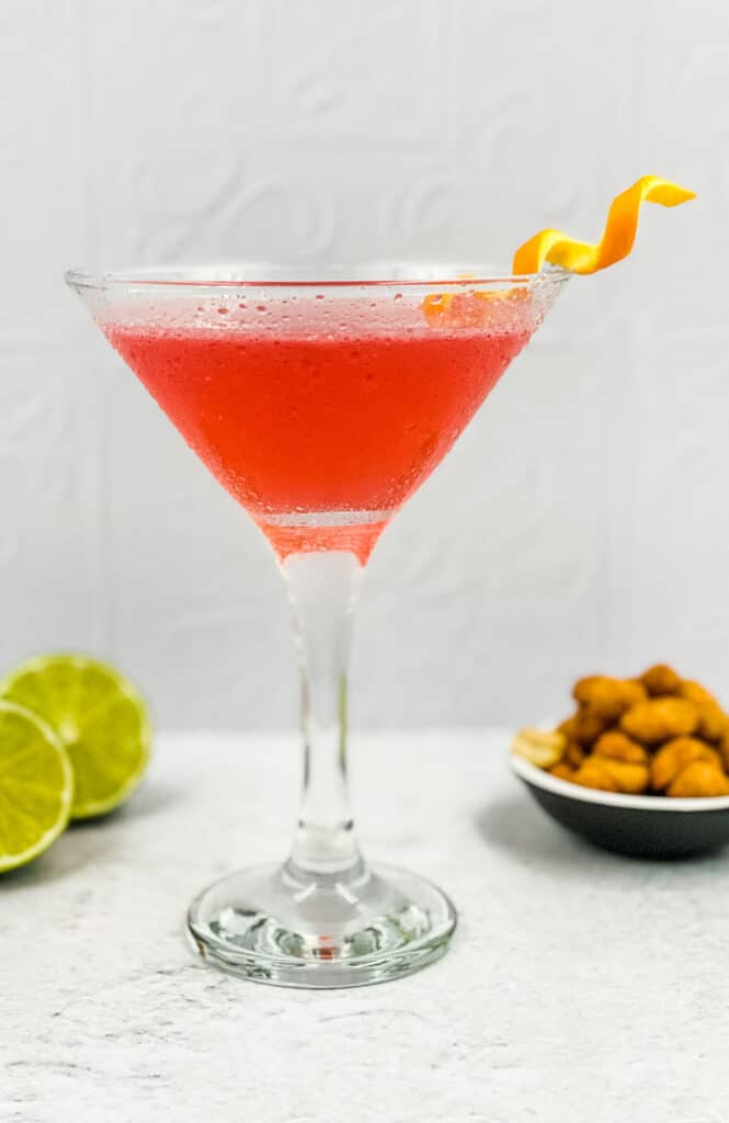 Homemade Cosmopolitan cocktail with an orange twist.