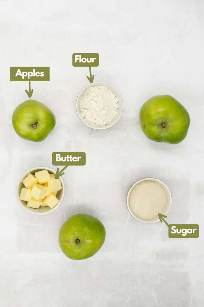 Ingredients needed, apples, flour, sugar, and butter.
