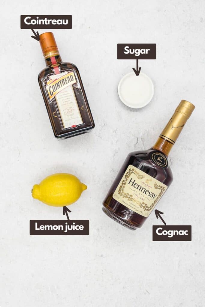 Ingredients needed, Cointreau, sugar, Cognac, and lemon juice.