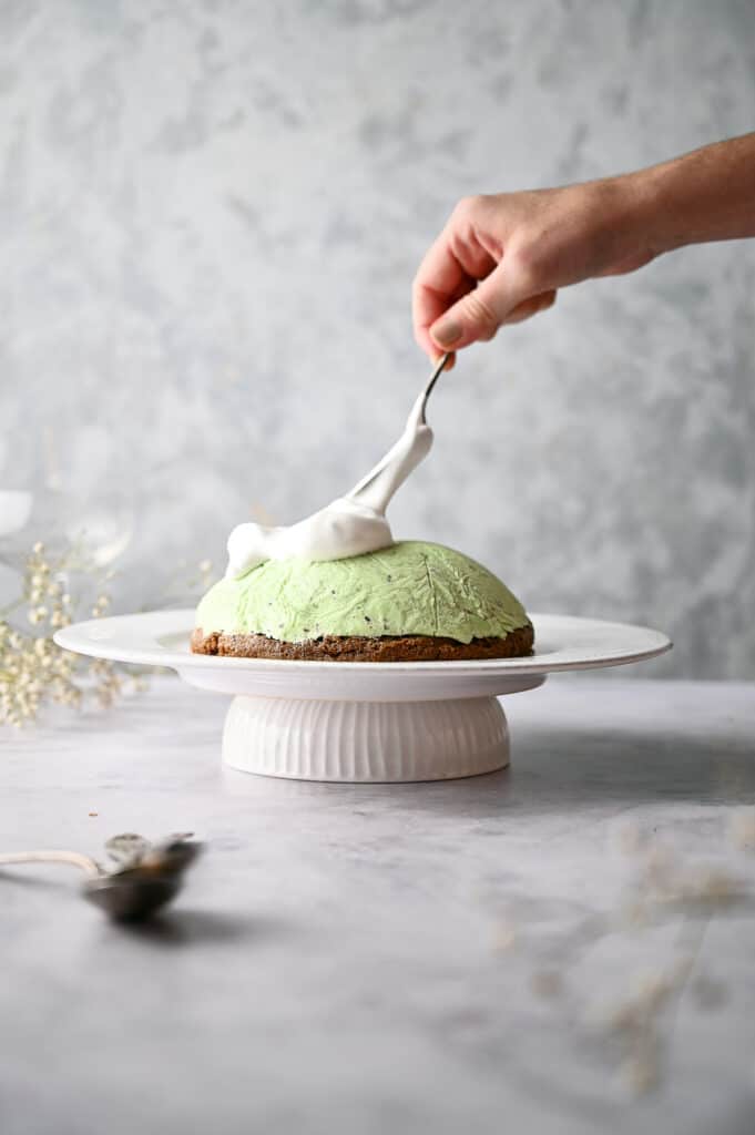 Someone spreading meringue on the ice cream cake.