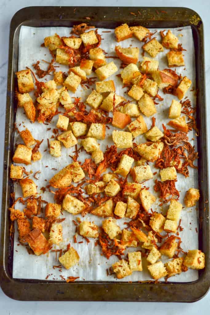 Fresh out of the oven Parmesan croutons.