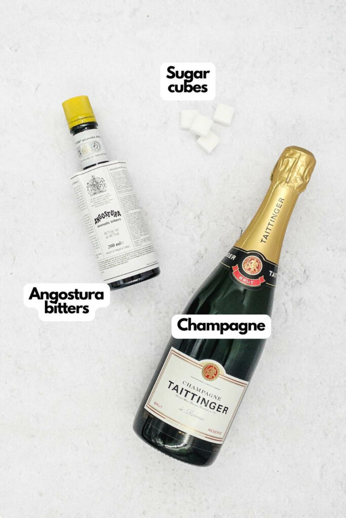 Ingredients needed, champagne, sugar cubes, and Angostura bitters.