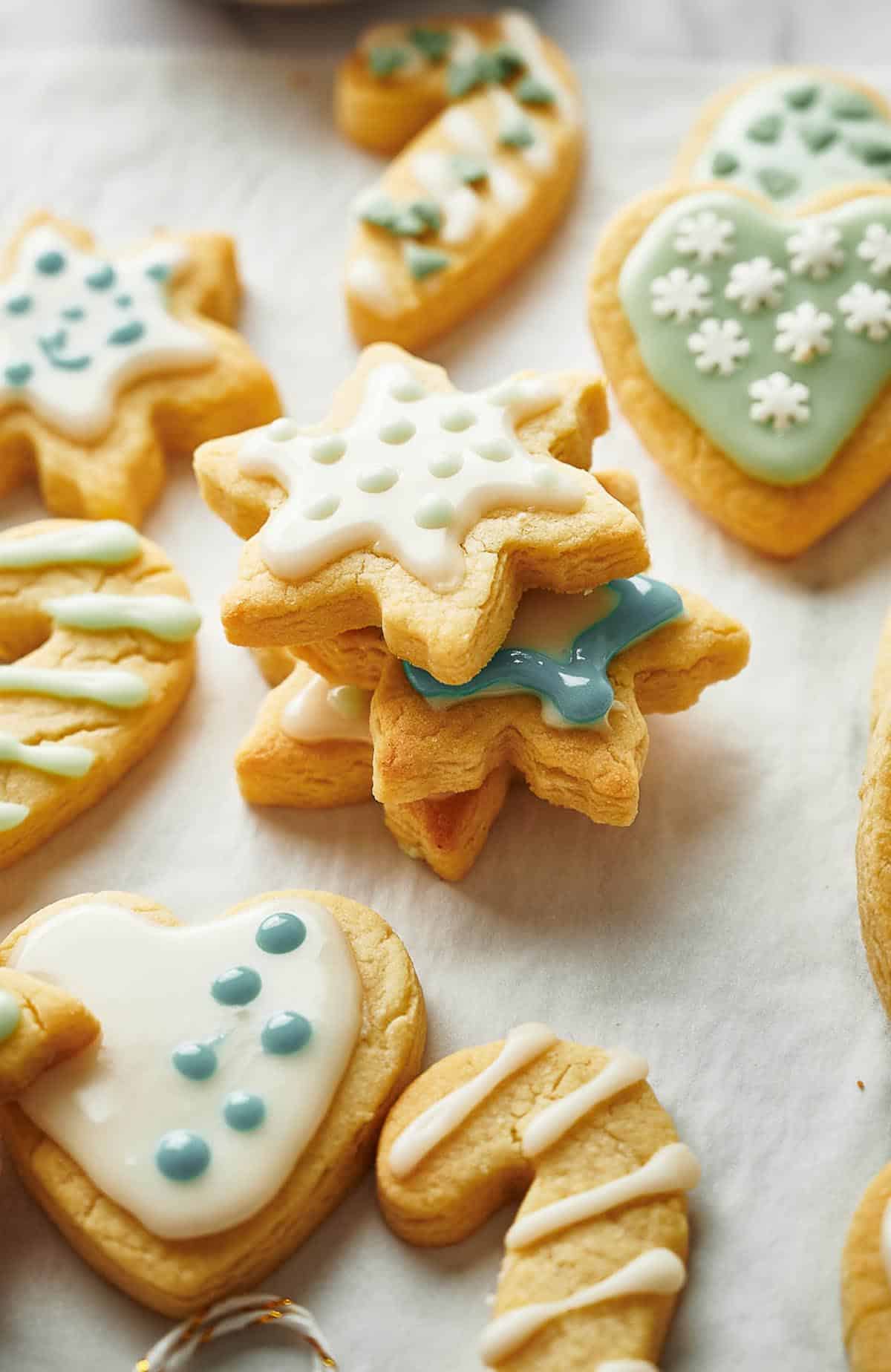 Freshly decorated Christmas sugar cookies.