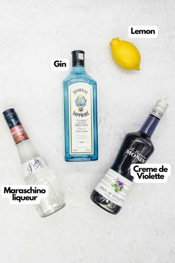 Ingredients needed; lemon juice, gin, creme de violette, and maraschino liqueur.