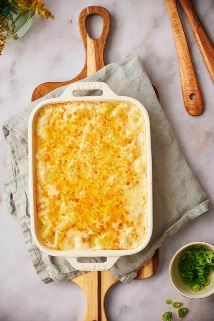 Cooked potato casserole fresh out of the oven.