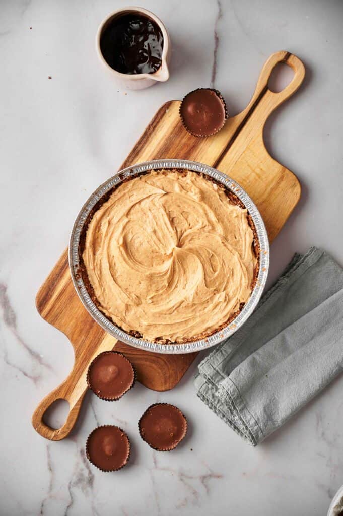 Peanut butter filling added to the pie crust.