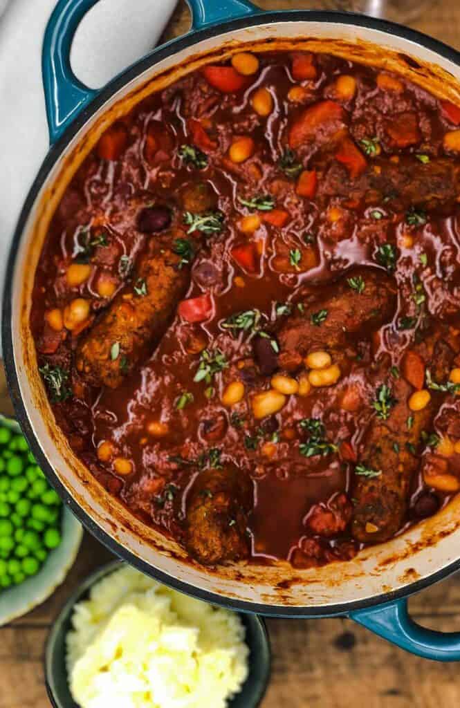 Vegetarian sausage casserole ready to eat.