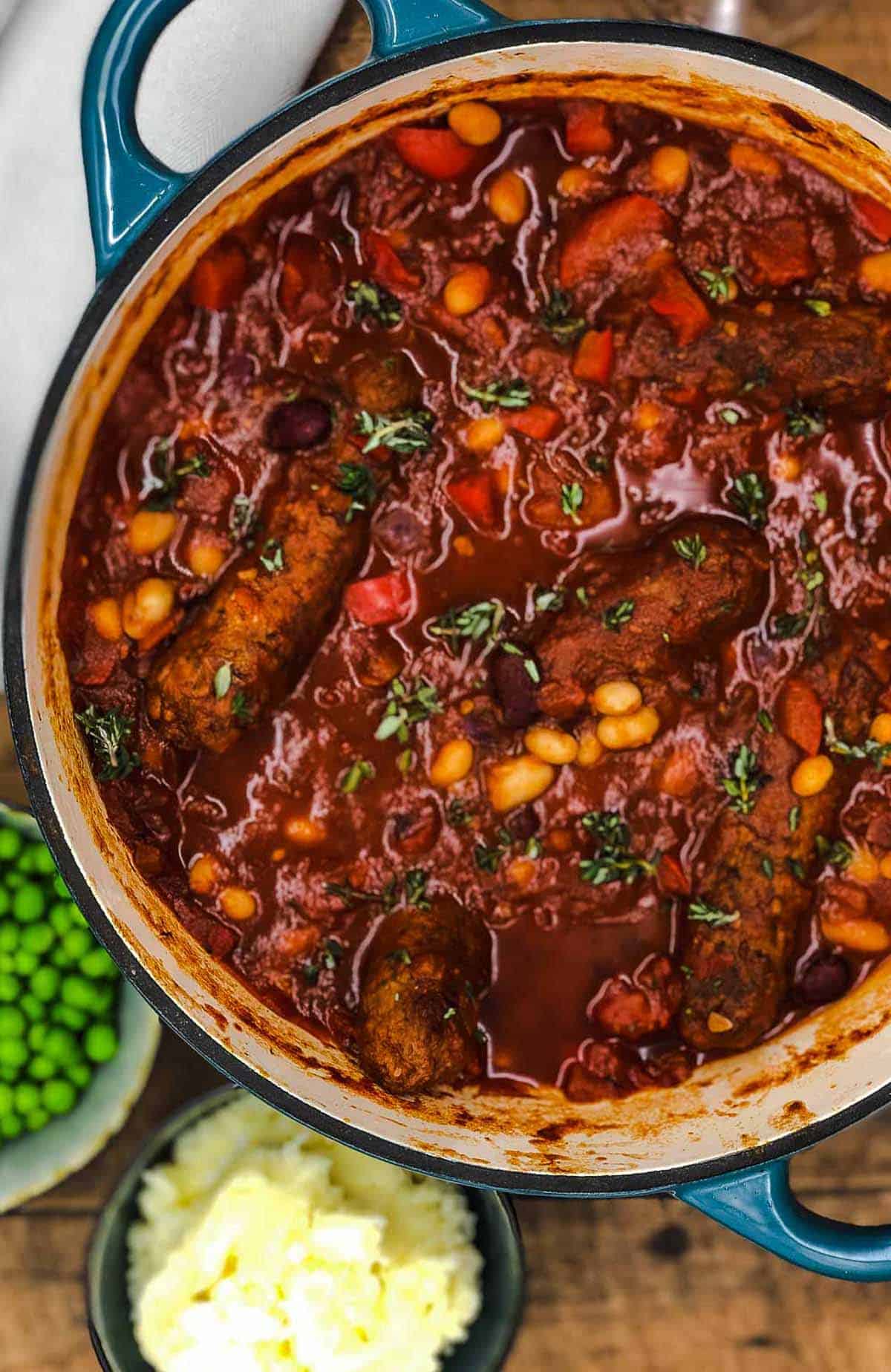 Vegetarian sausage casserole ready to eat.