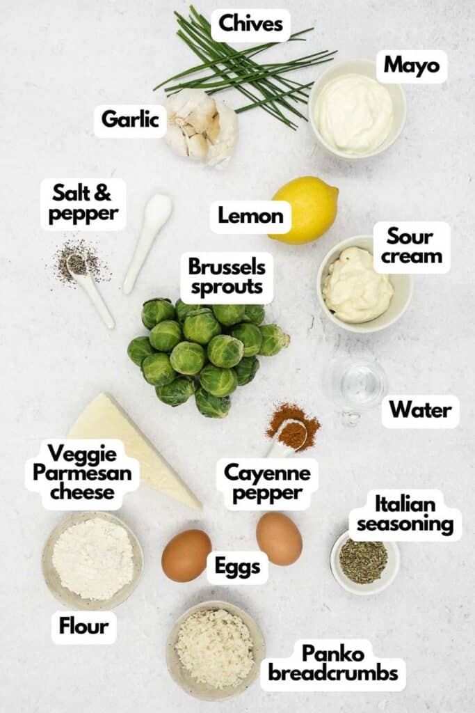 Ingredients needed, garlic, chives, mayonnaise, sour cream, lemon, water, Cayenne pepper, Italian seasoning, eggs, Panko breadcrumbs, flour, Vegetarian Parmesan cheese, salt, and pepper.