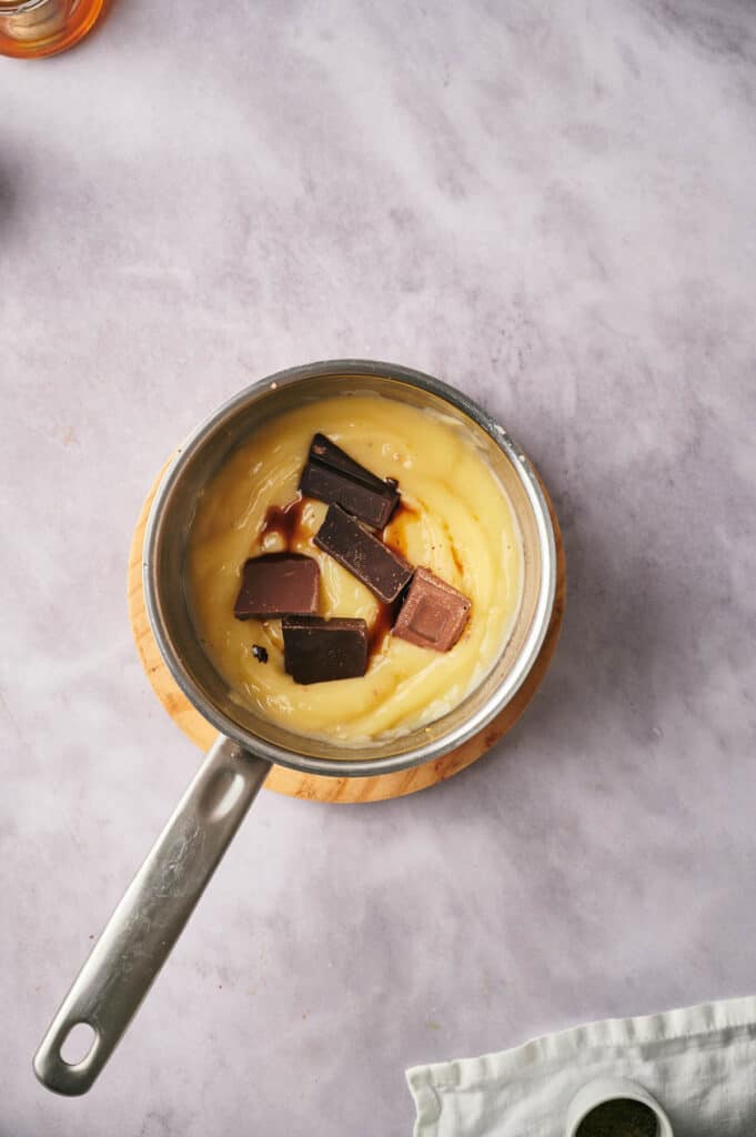 Sugar, cornstarch, chocolate and eggs in a pan