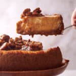 Mouthwatering slice of pecan pie cheesecake.