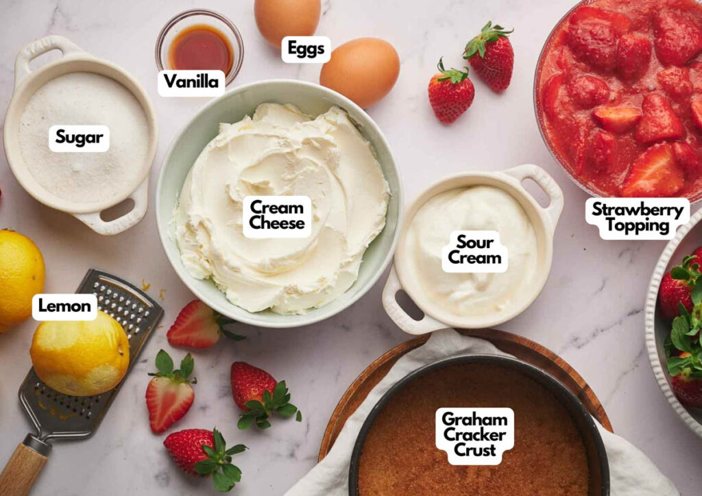 Ingredients for a cheesecake are arranged on a countertop, alongside elements reminiscent of a Mississippi Mud Pie&mdash;like rich chocolate and graham cracker crust&mdash;plus sugar, vanilla, eggs, cream cheese, sour cream, strawberry topping, and lemon.