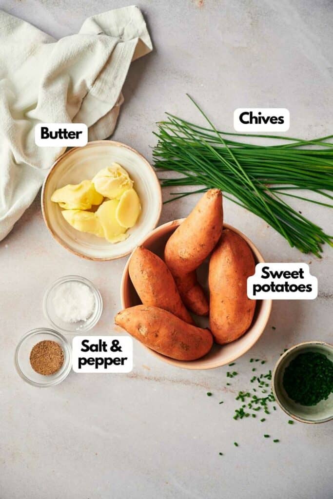 Ingredients needed, butter, chives, sweet potatoes, salt and pepper.