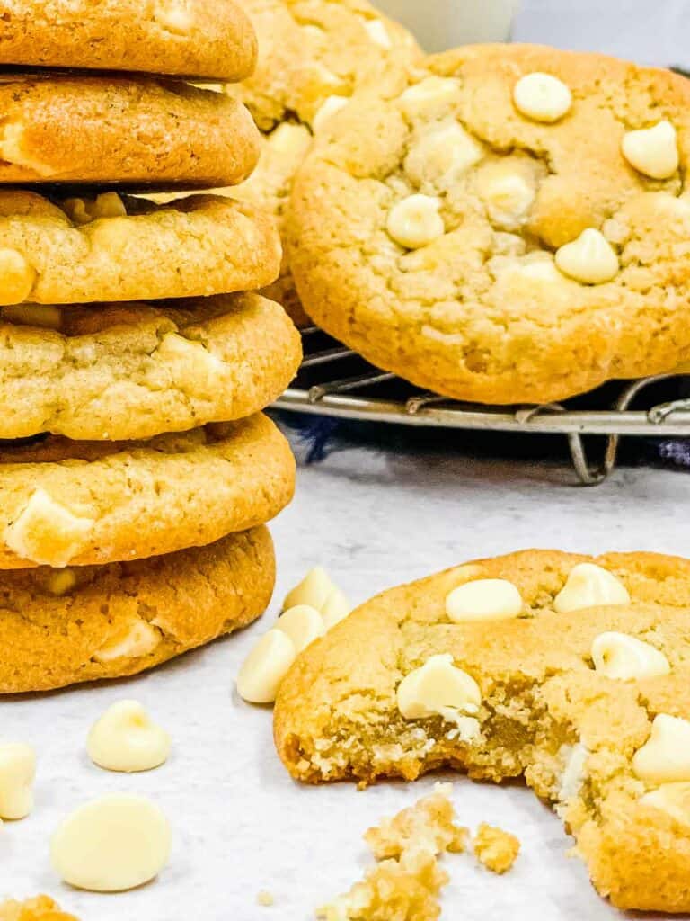Delicious homemade white chocolate chip cookies, straight from the air fryer.