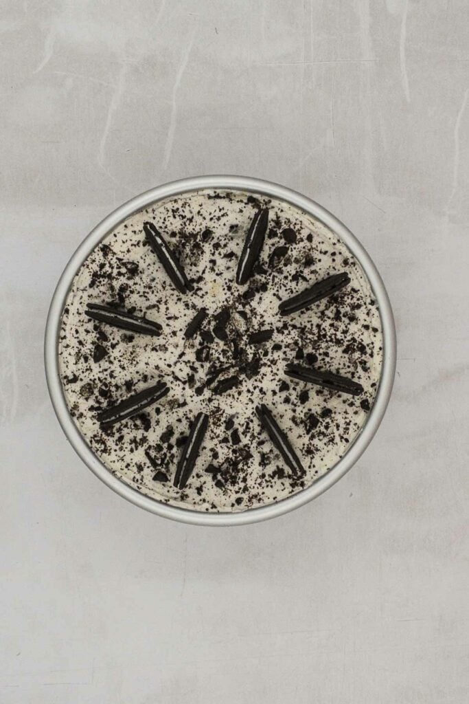 Oreo cheesecake in a springform pan.
