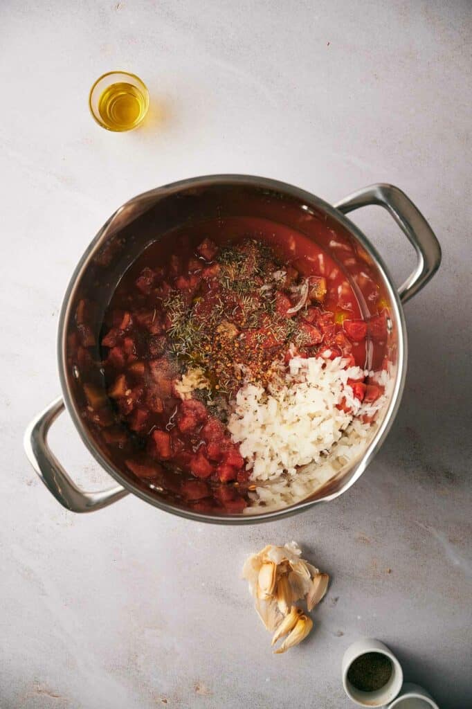 Pizza sauce ingredients on a pan.