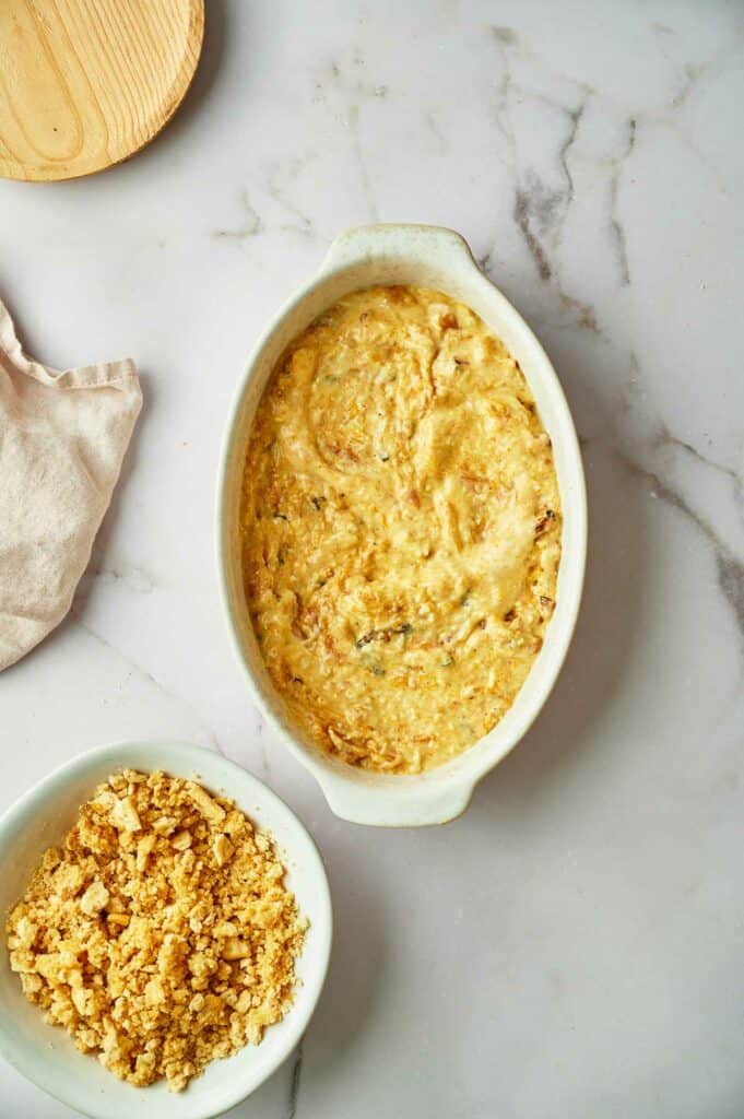 Squash mixture in a casserole dish.