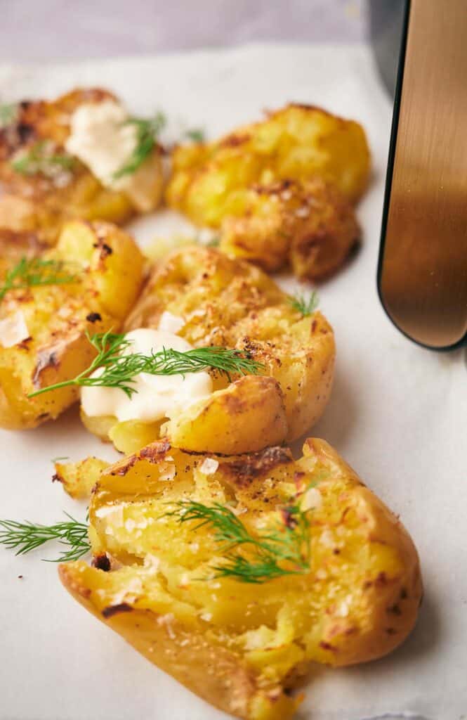 Crispy air fryer smashed potatoes.
